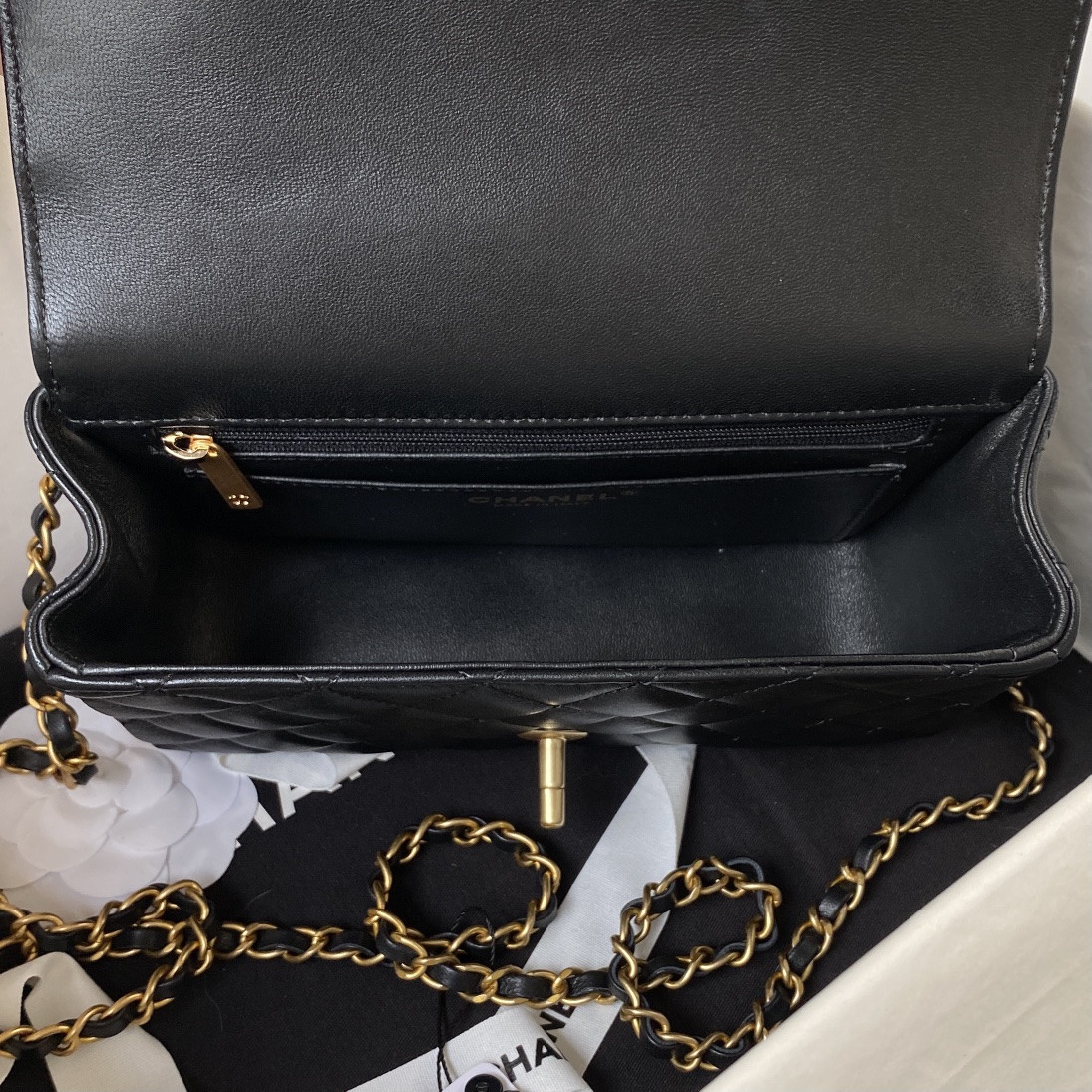Ch*el mini classic handbag with top handle 12 × 20 × 6 cm