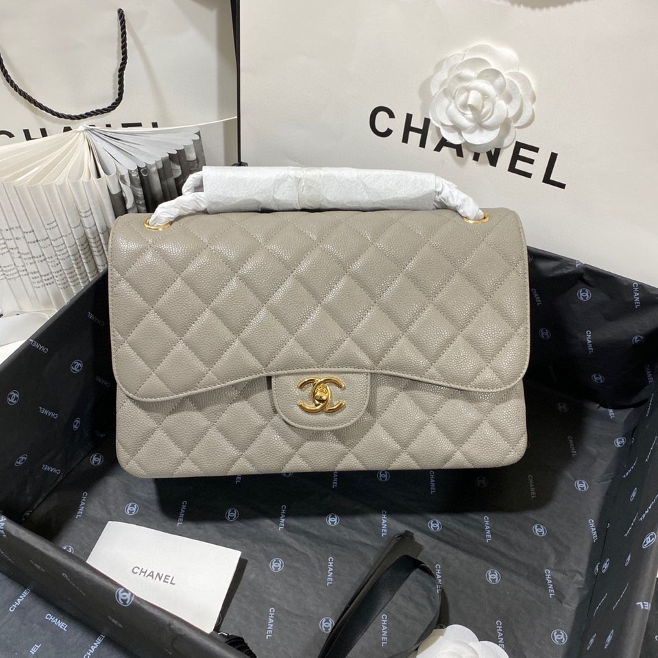Ch**el Classic Flap Jumbo 30cm CF Grey Gold 7.6 × 11.7 × 3.9 in
